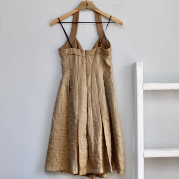 London Times VTG Y2K Gold Metallic Halter Pleated A-Line Midi Party Dress Size 2 - Picture 6 of 7